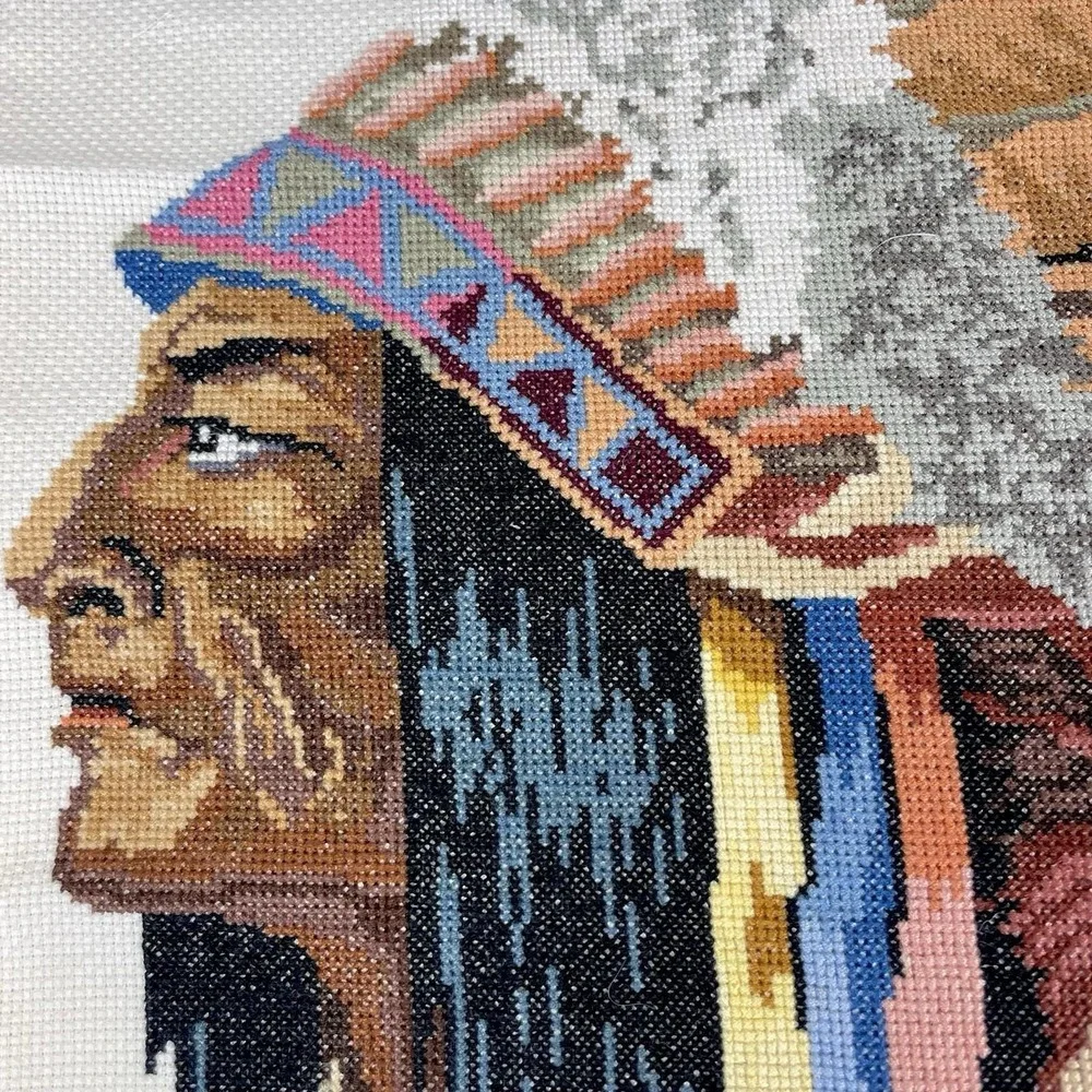 Vintage Needlepoint Chief Portrait Wall Art Textile Happy Anniversary